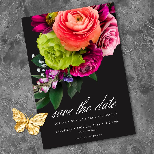 Reserva La Fecha Moody Luxe Floral Vibrant Pink Black Wedding (Moody Luxe Floral Vibrant Pink Black Photo Wedding Save The Date)