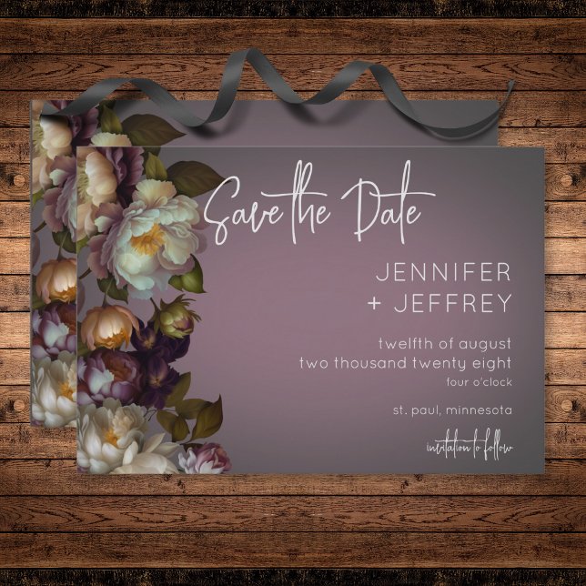 Reserva La Fecha Moody Mauve Boda floral moderna oscuro (Dark Moody Mauve Floral Modern Wedding Save The Date)