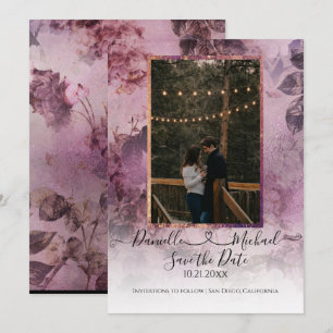Reserva La Fecha Moody Modern Floral Purple Script Heart Photo