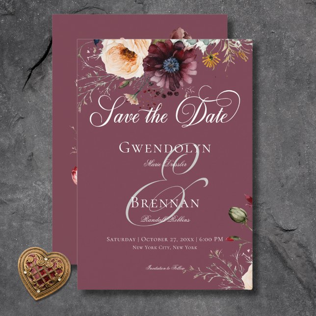 Reserva La Fecha Moody oscuro Borgoña Boda de marco floral oval Gua (Dark Moody Burgundy Oval Floral Frame Wedding Save the Date Card)