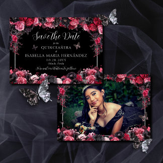 Reserva La Fecha Moody Quinceañera rosa gótico, rojo y negro
