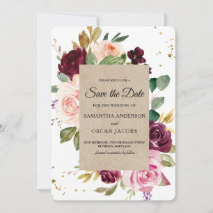 Reserva La Fecha Moody & Rustic Burgundy Kraft Marco floral y oro