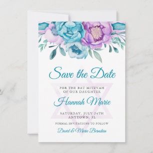Reserva La Fecha Morada Verde azulada acuarela Floral Bat Mitzvah