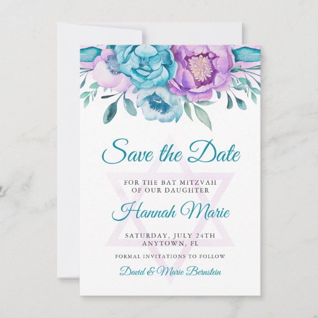 Reserva La Fecha Morada Verde azulada acuarela Floral Bat Mitzvah (Anverso)