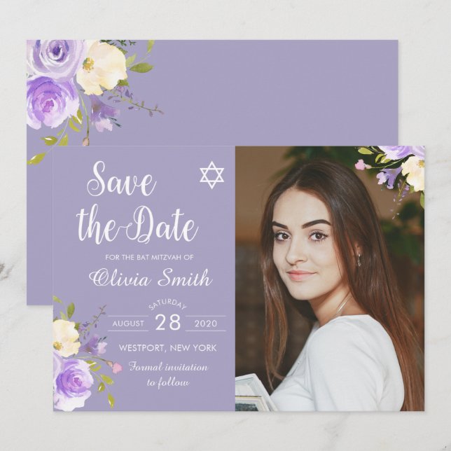 Reserva La Fecha Morado Floral Bat Mitzvah Foto Guardar La Fecha (Anverso / Reverso)