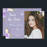 Reserva La Fecha Morado Floral Bat Mitzvah Foto Guardar La Fecha<br><div class="desc">Pastel Morado Morado Floral Bat Mitzvah Foto Guardar Fecha</div>