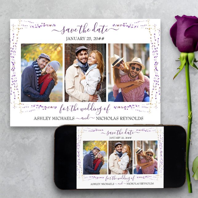 Reserva La Fecha Morado Floral y Confetti 3 Foto Boda (Purple confetti 3 Photo Save the Date from my Plush Purple Wedding Collection)