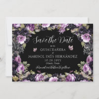Morado gótico y Moody Florals Quinceañera