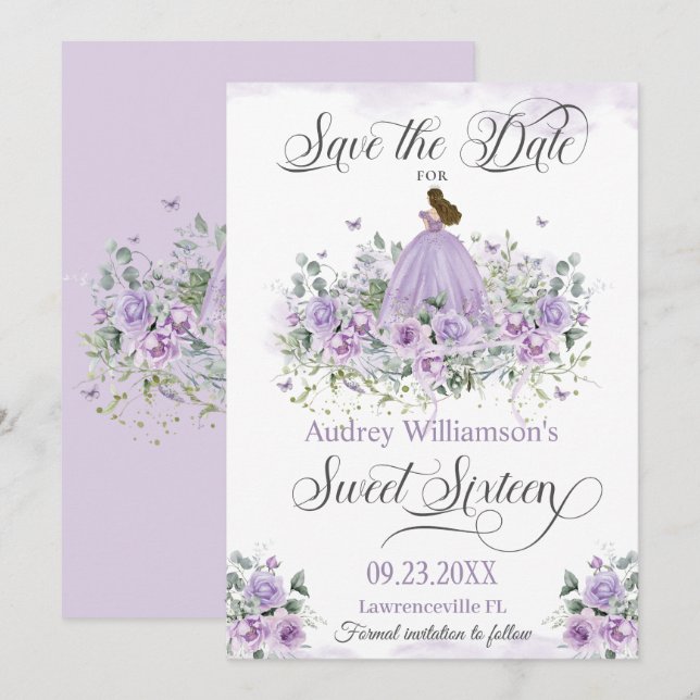 Reserva La Fecha Morado Lilac Floral Dulce Dieciséis Aniversario (Anverso / Reverso)