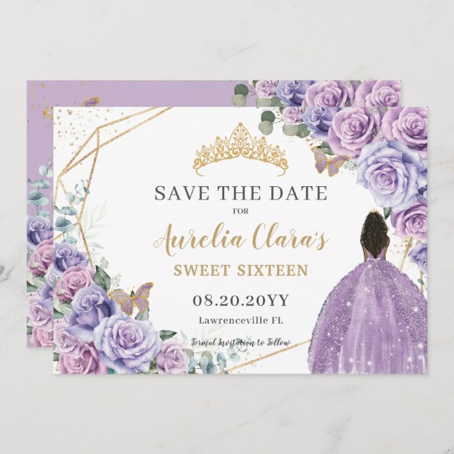 Reserva La Fecha Morado Lilac Floral Oro Quinceanera Dulce Dieciséi (Anverso / Reverso)