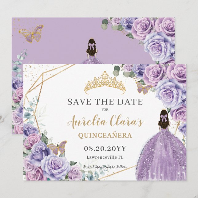 Reserva La Fecha Morado Lilac Floral Oro Quinceanera Dulce Dieciséi (Anverso / Reverso)