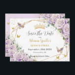 Reserva La Fecha Morado Lilac Floral Princesa Dorada Quinceañera<br><div class="desc">Personalice este bonito de oro geométrico floral lila púrpura Quinceañera / dulce 16 cumpleaños, salve la fecha fácil y rápidamente. Simplemente haga clic en el botón personalizar para editar los textos, cambiar las fuentes y los colores de las fuentes. Con hermosos rosas de lila pastel, mariposas y elegantes elementos dorados....</div>