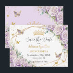 Reserva La Fecha Morado Lilac Floral Princesa Dorada Quinceañera<br><div class="desc">Personalice este bonito de oro geométrico floral lila púrpura Quinceañera / dulce 16 cumpleaños, salve la fecha fácil y rápidamente. Simplemente haga clic en el botón personalizar para editar los textos, cambiar las fuentes y los colores de las fuentes. Con hermosos rosas de lila pastel, mariposas y elegantes elementos dorados....</div>