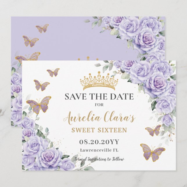 Reserva La Fecha Morado Lilac Floral Quinceañera Dulce Salven (Anverso / Reverso)