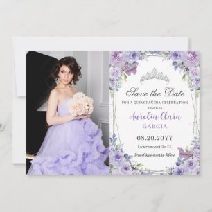 Reserva La Fecha Morado Lilac Floral Quinceañera Sweet 16 Foto