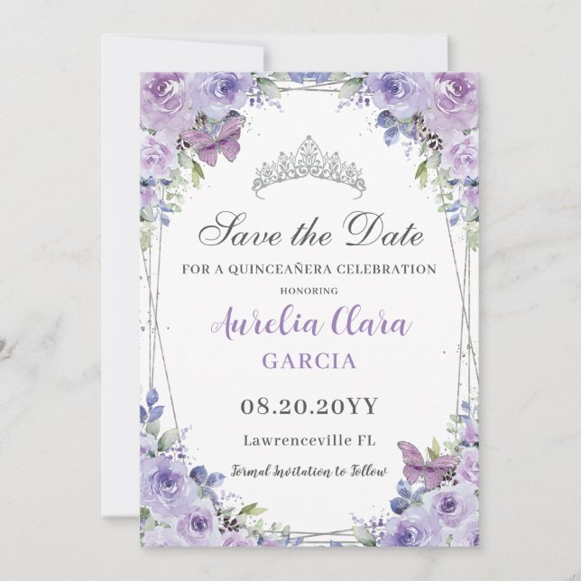 Reserva La Fecha Morado Lilac Floral Quinceañera Sweet 16 Silver (Anverso)