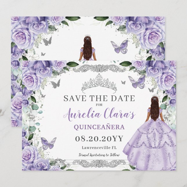 Reserva La Fecha Morado Lilac Floral Quinceanera XV dulce Dieciséis (Anverso / Reverso)