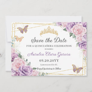 Reserva La Fecha Morado Lilac Floral Rosa Quinceañera Dulce Diecisé