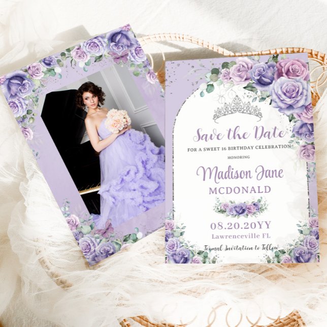 Reserva La Fecha Morado Lilac Floral Sweet 16 Silver foto de cumple (Subido por el creador)