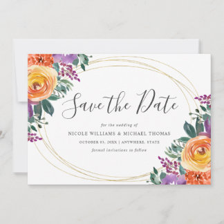Reserva La Fecha Morado Naranja acuarela floral
