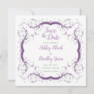 Reserva La Fecha Morado Verde Floral Scroll Wedding Save the Date