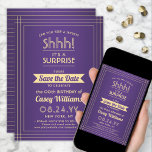 Reserva La Fecha Morado y oro descargable de cumpleaños sorpresa<br><div class="desc">¿Puedes guardar un secreto? Invite a la familia y amigos a una elegante y emocionante celebración sorpresa de cumpleaños con personalizado morado y oro para salvar las invitaciones de fiesta de citas. Todo el texto de esta plantilla es sencillo de personalizar, incluyendo el mensaje que dice "¡Shhh! Es una SORPRESA"....</div>
