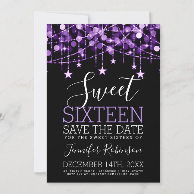 Reserva La Fecha Morple Sweet 16 Sparkly String Lights Save Date (Anverso)