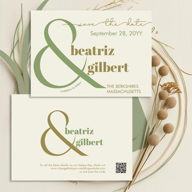 Reserva La Fecha Moss elegantes y Boda moderno verde oliva (Modern elegance for your save the date with beautiful typography in shades of green and cream)