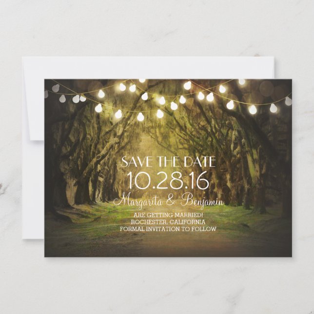 Reserva La Fecha Moss Tree Path Rustic String Lights Save the Date (Anverso)