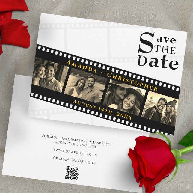 Reserva La Fecha Movie Theme Filmstrip Custom Wedding (Modern Filmstrip QR Code Photo Wedding Save The Date)