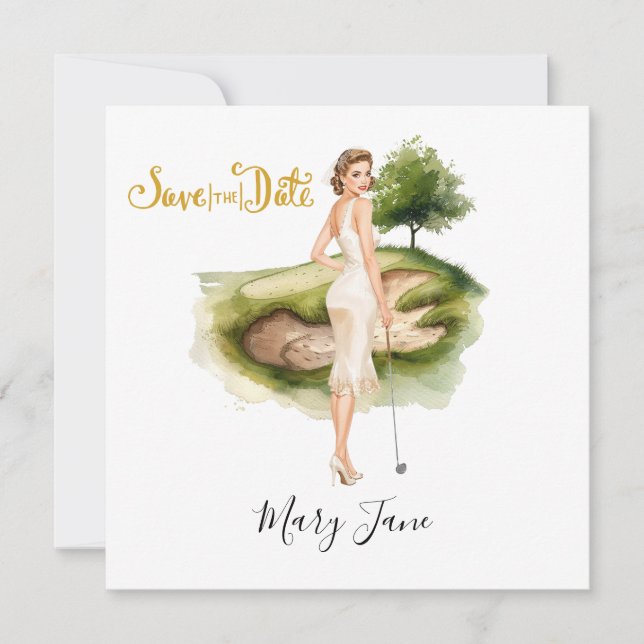 Reserva La Fecha Mujer de golf en campo de golf Bridal  (Anverso)