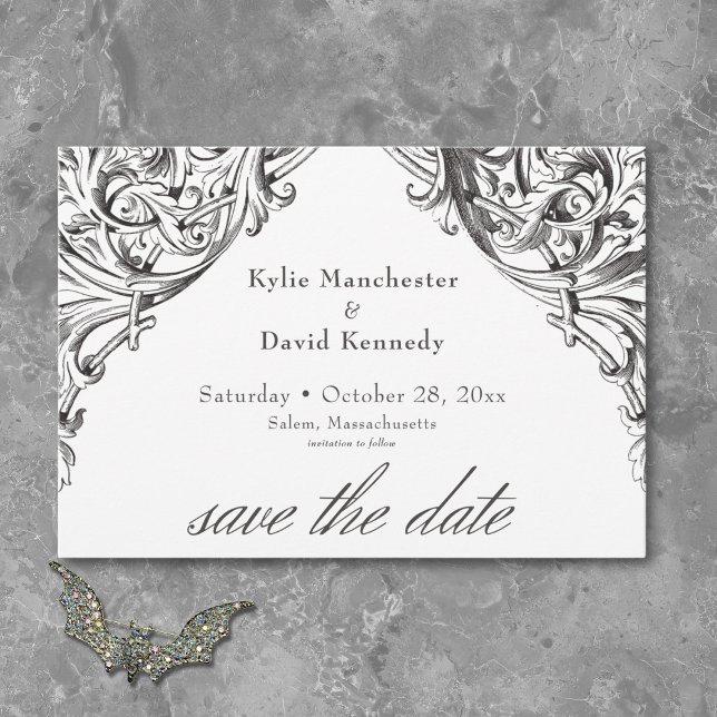 Reserva La Fecha Muralla victoriana hasta la muerte Boda blanco y n (Victorian Bat Until Death Black White Wedding Save The Date)