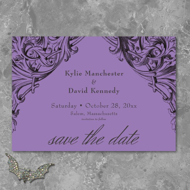 Reserva La Fecha Murciélago victoriano hasta la muerte Boda negro y (Victorian Bat Until Death Black & Purple Wedding Save The Date)