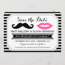 Mustache y labios rosados Boda Stripe Save the Dat