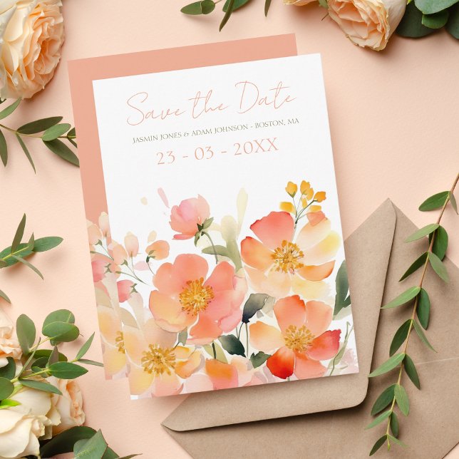 Reserva La Fecha Naranja acuarela moderna Boda floral de durazno (Subido por el creador)