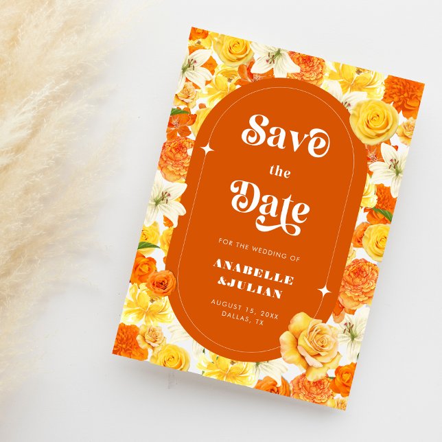 Reserva La Fecha Naranja amarillo claro retro Boda floral jardín (Subido por el creador)