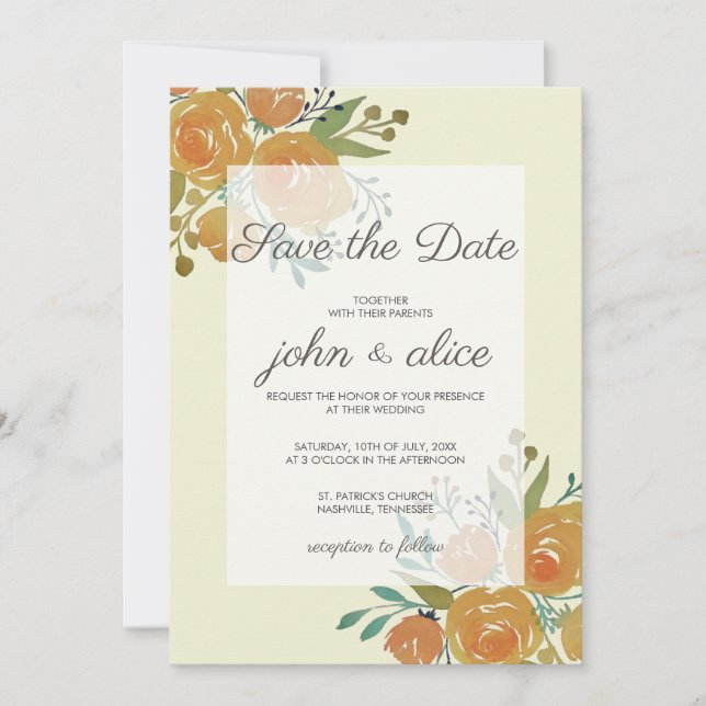 Reserva La Fecha Naranja amarillo y Boda floral crema (Anverso)