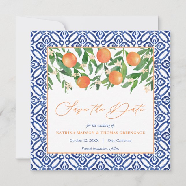 Reserva La Fecha Naranja Árbol Citrus Boda Tile Azul Mediterráneo (Anverso)