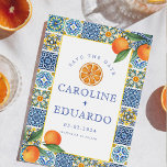 Reserva La Fecha Naranja azul Boda mediterráneo Código QR<br><div class="desc">Naranja de acuarela Citrus Tile Azul italiano Mediterráneo</div>