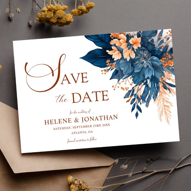 Reserva La Fecha Naranja Azul de la Marina Floral Boda elegante (Navy Blue Orange Floral Garden Elegant Wedding Save The Date)