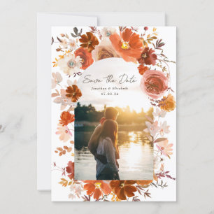 Reserva La Fecha Naranja blanco quemado Boda floral foto arca