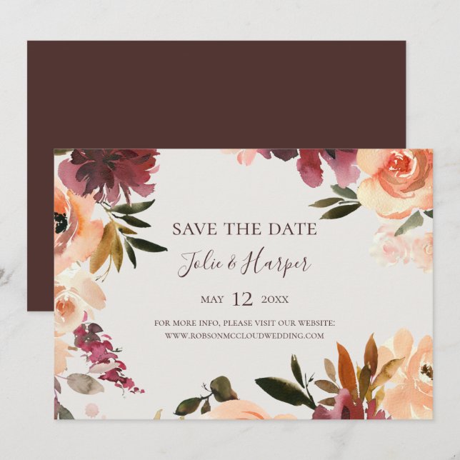 Reserva La Fecha Naranja Borgoña Floral Beige Horizontal (Anverso / Reverso)