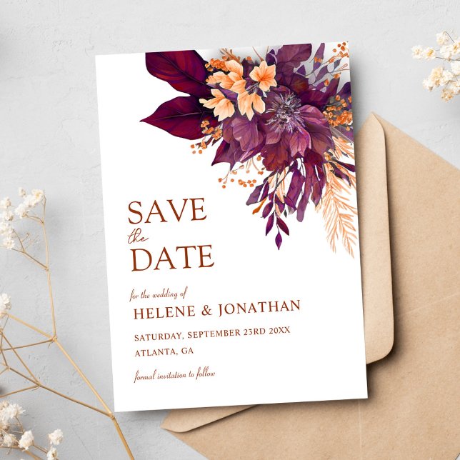 Reserva La Fecha Naranja Borgoña Terracotta Floral Elegante Boda (Burgundy Orange Terracotta Floral Elegant Wedding Save The Date)