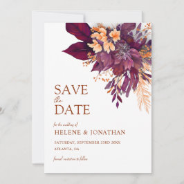 Reserva La Fecha Naranja Borgoña Terracotta Floral Elegante Boda