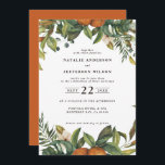 Reserva La Fecha Naranja cítrico acuarela boda botánico<br><div class="desc">Naranja cítricos acuarela floral y follaje de boda ahorra la tarjeta de fecha. Hermosas acuarelas florales estampadas a mano y texto de escritura moderno. Moderno en color de roya de tendencia.</div>