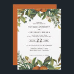 Reserva La Fecha Naranja cítrico acuarela boda botánico<br><div class="desc">Naranja cítricos acuarela floral y follaje de boda ahorra la tarjeta de fecha. Hermosas acuarelas florales estampadas a mano y texto de escritura moderno. Moderno en color de roya de tendencia.</div>