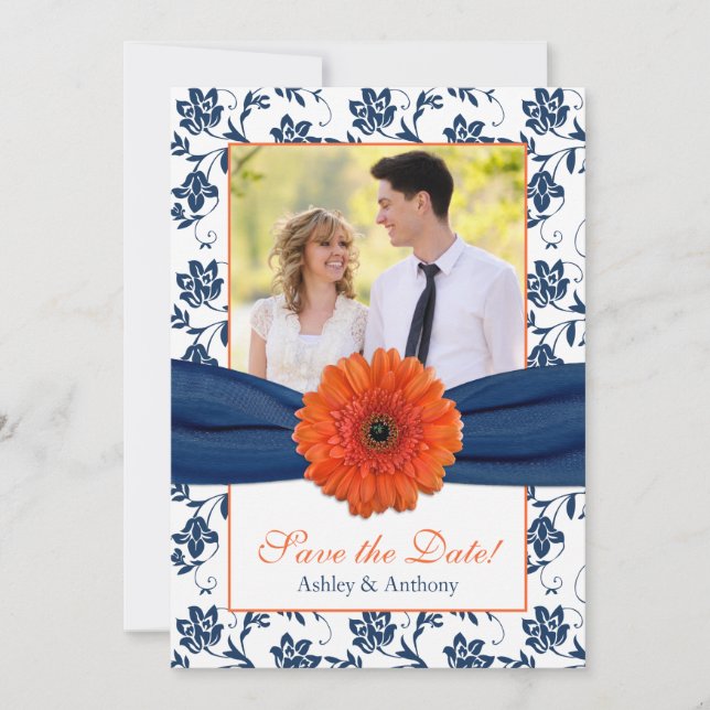 Reserva La Fecha Naranja Daisy Navy Damask Photo Save the Date (Anverso)