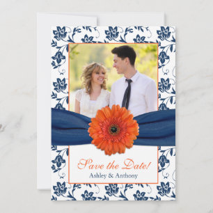 Reserva La Fecha Naranja Daisy Navy Damask Photo Save the Date