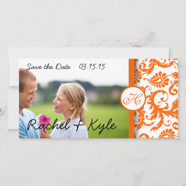 Reserva La Fecha Naranja Damask Swirls Save the Date Photo (Anverso)