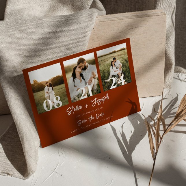 Reserva La Fecha Naranja de Boho quemado moderno Boda de tres fotos (Subido por el creador)